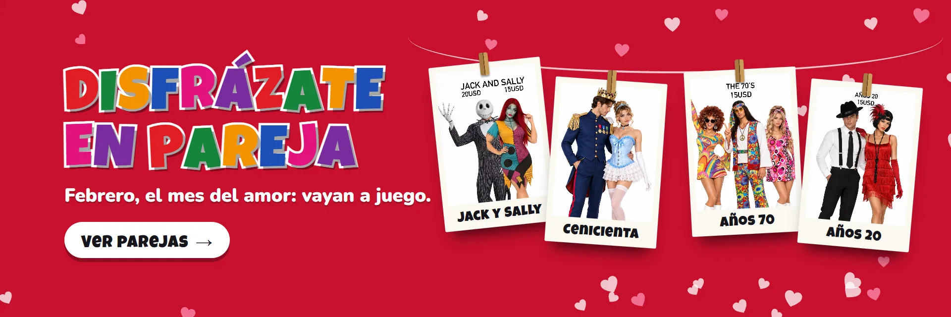 Disfrázate en pareja: Jack y Sally, Cenicienta con su príncipe, los años 70 y los años 20. Ver parejas.
