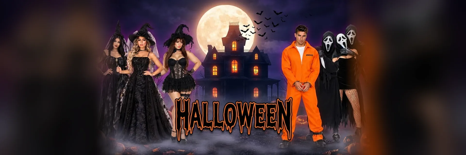Ya es Halloween en La Casa del Disfraz: brujas, Scream y un preso frente a una casa embrujada con luna llena.