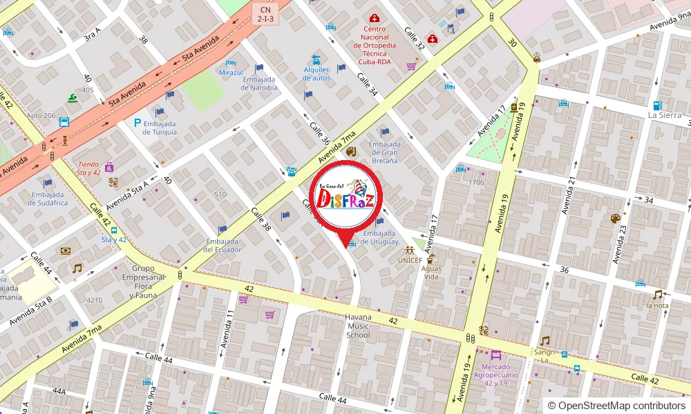 Mapa de Playa, La Habana: La Casa del Disfraz está en la Calle 36A, entre la Avenida 7ma y la Calle 42.
